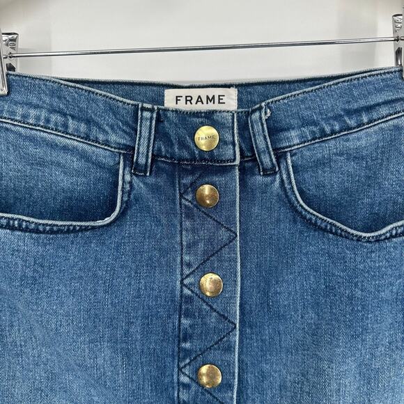 FRAME Denim Claire Mini Skirt Gold Button High Rise A-Line Medium Wash Blue - Picture 5 of 16
